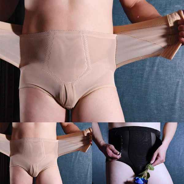 Sous-vêtements hommes sexy taille haute ventre contrôle corset dentelle sissy poche culotte élastique corps shapers sous-pantalon gay mâle lingerie