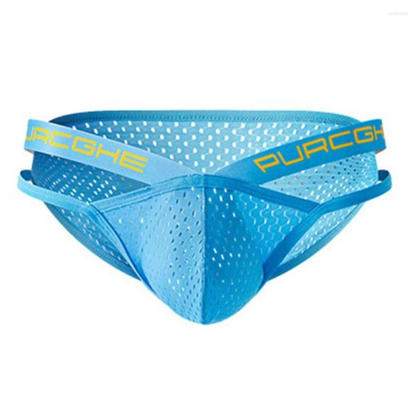 Calzoncillos de seda helada para hombre, ropa interior Sexy con doble correa, bolsa para pene, bragas deportivas de cintura baja para hombre, lencería transpirable