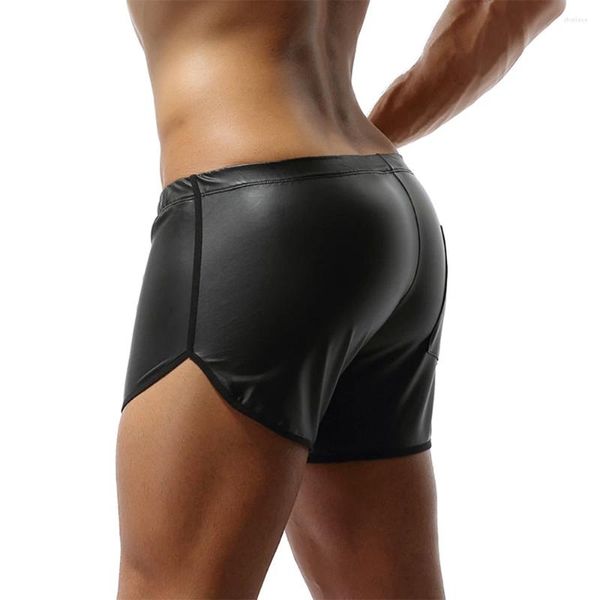 Calzoncillos para hombre, Boxers de cuero sexys, bañadores negros a la moda con bolsillo, pantalones cortos brillantes al óleo, calzoncillos suaves de tiro bajo, ropa interior informal para nadar