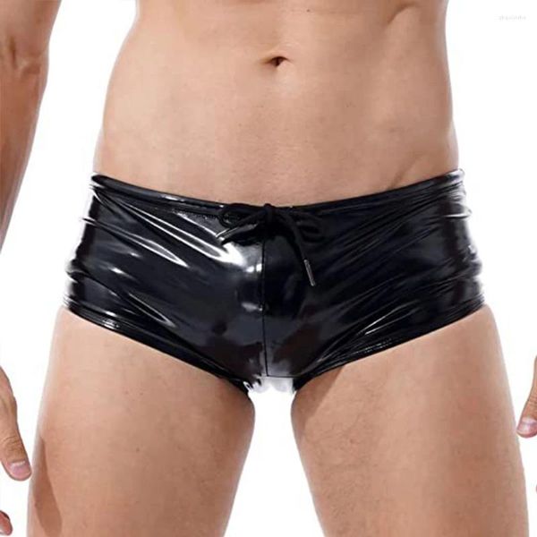 Sous-vêtements hommes sexy culotte en cuir look mouillé brillant brevet maillot de bain mâle taille basse poche de renflement boxeurs cordon boxer shorts