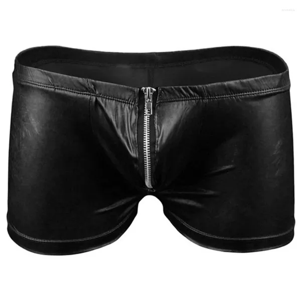 Calzoncillos Hombres Sexy Cuero Cremallera Boxers Lencería Faux Bulge Bolsa Cintura Baja Boxershorts Ropa Interior Entrepierna