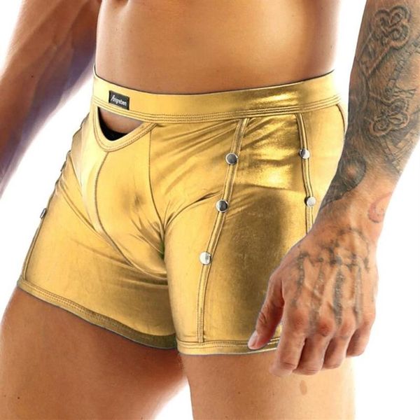 Sous-vêtements Hommes Sexy Rivet Faux Cuir PU Latex Shorts Boxers Érotiques Évider Mâle Culotte Fétiche Gay Club Wear253u