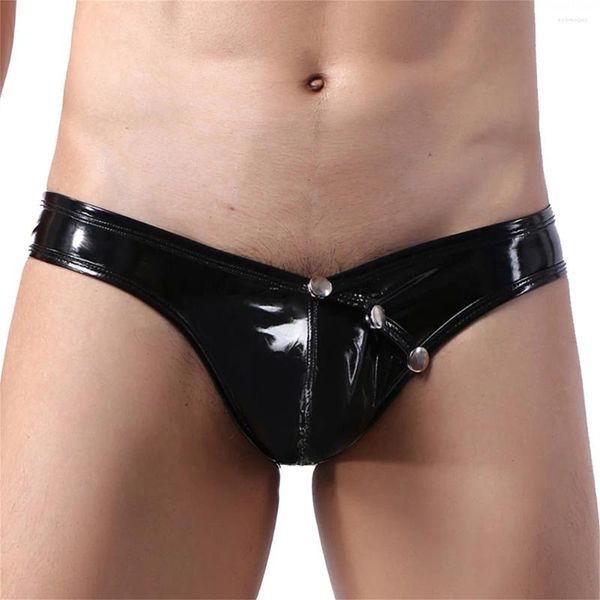 Calzoncillos para hombre, ropa interior Sexy, brillante, aspecto húmedo, tiro bajo, imitación de cuero, ropa interior, bolsa para bulto, Paties, botón abierto lateral