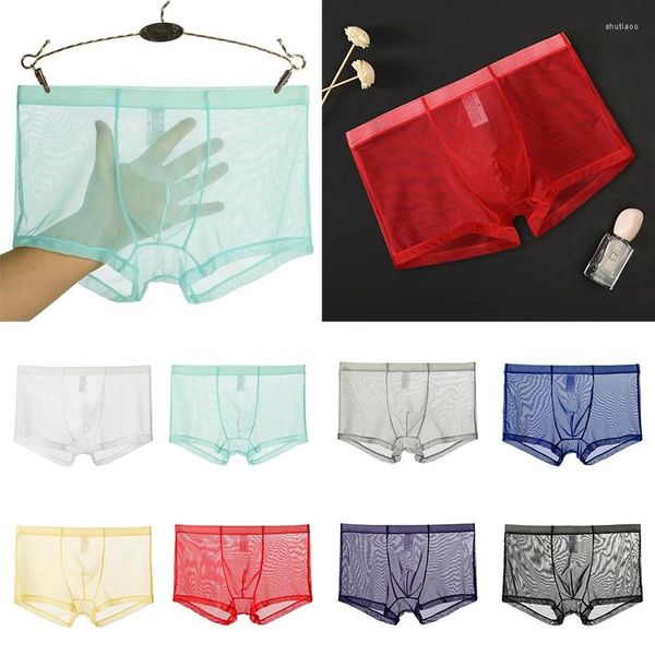 Boxers transparents pour hommes, sous-vêtements d'été en maille fine, respirants, sans couture, taille moyenne, slips en soie glacée