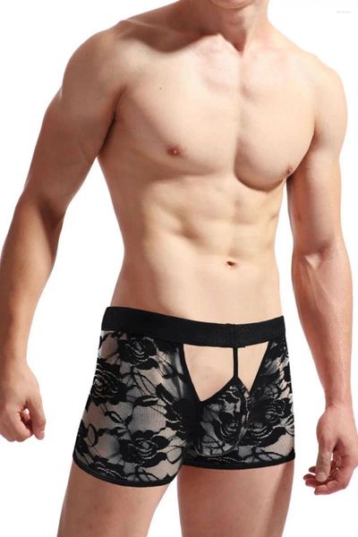 Calzoncillos Hombres Ropa interior sexy Boxer Shorts Tela suave y cómoda Bolsillo de encaje abierto Pies planos