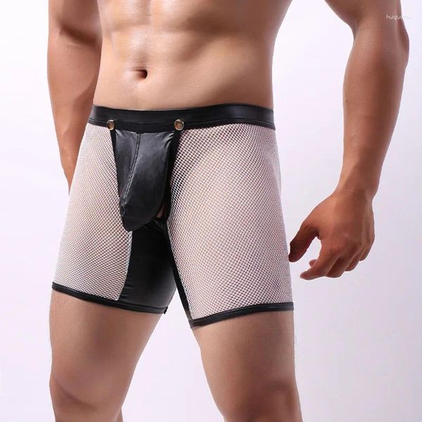 Sous-vêtements hommes Shorts maille Transparent PU cuir bouton ouvert entrejambe Boxer Lingerie BuGay culotte Wetlook Clubwear grande taille