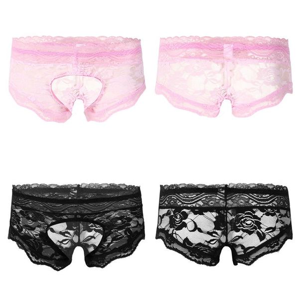 Slip Homme Sissy Nightwear Transparent Dentelle Culotte Sans Entrejambe String Motif Floral Ceinture Élastique T-Back Sous-Vêtements UnderpantsUnderpan