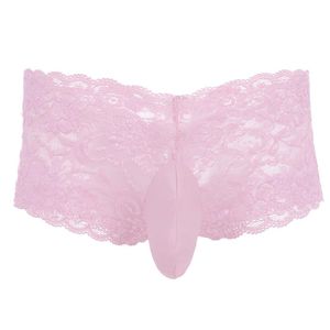 Sous-vêtements hommes Sissy culottes Lingerie Sexy rose dentelle Boxer Shorts slips Hombre sous-vêtements gai sexe Porno avec gaine de pénis ferméeUnderpants