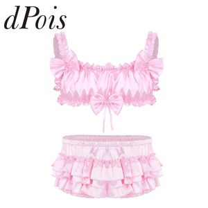 Men de sous-pants Men Sissy Satin Lingerie Set à froufrous à volants Top de soutien-gorge Wirefre avec des culottes à jupe à plusieurs niveaux