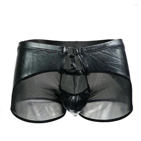 Calzoncillos para Hombre, bañadores de piel sintética, Boxer de malla empalmado, calzoncillos con aspecto húmedo, ropa interior convexa en U, pantalones cortos, lencería, Calzoncillos para Hombre