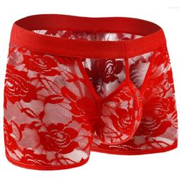 Men de caisse Men Trunks Ultra-Thin Lace Floral Underwear Pagnière creuse Sissy Panties Transparent Brief