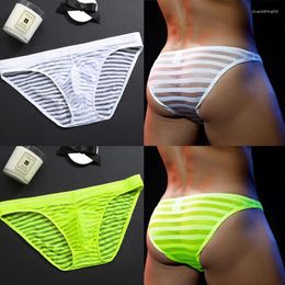 Men de caisse Men Ultra-Thin Thin Greates Mesh Low-Waist Pagnière de renflement transparent Brief Brief Sous-vêtements en soie de glace d'été à rayures