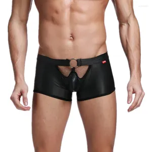 Onderbroek mannen ondergoed bokser shorts sexy bugle pouch latex boxershorts faux lederen trunks gay sissy slipjes mini bikini