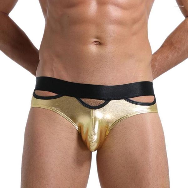 Calzoncillos de hombre, ropa interior de charol brillante, calzoncillos de escenario, pantalones cortos sexis calados, bragas, pene, bolsa grande, bragas Gay