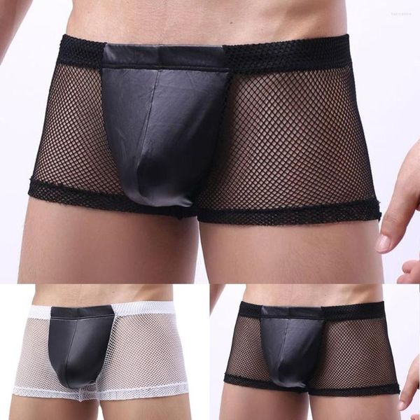 Sous-vêtements pour hommes Sous-vêtements Shorts Lingeries Sexy Mesh Transparent PU Cuir Pénis Poche Taille Basse Boxer Clubwear Sous-vêtements masculins