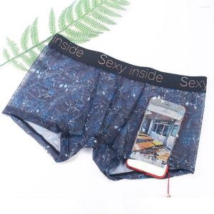 Calzoncillos Hombres Ropa interior Pantalones cortos Super Thin Close Fit Ver a través de bragas impresas Calzoncillos dentro del uso