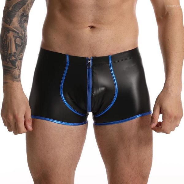 Calzoncillos para hombre, ropa interior, Boxer de piel sintética, pantalones cortos sexis Gay, bragas con bolsa para bulto, Boxers de cintura baja para discoteca nocturna