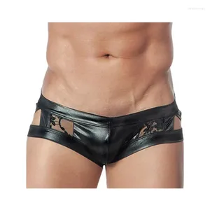 Onderbroek mannen vinyl ondergoed lingerie sexy lage taille kanten patchwork -slips ademende erotische fetisjheren seks leer