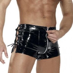 Sous-vêtements hommes Wetlook PU cuir Zip à lacets tronc sous-vêtements Shorts Boxer slips culotte fermeture éclair entrejambe ouvert Boxershorts homme