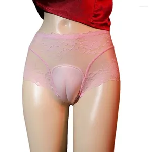 Sous-vêtements hommes femmes Sissy culottes dentelle Sexy Lingerie taille haute unisexe slips transparents sous-vêtements gai mâle Ultra-mince Hombre