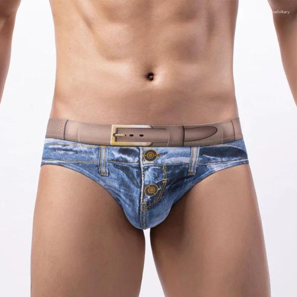 Calzoncillos para hombre Pantalones vaqueros con estampado 3D Ropa interior sexy Bikinis Calzoncillos Pantalones cortos elásticos Troncos Tanga U Convexo Bolsa de escroto grande Pantalones eróticos