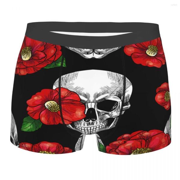 Calzoncillos Boxer para hombre Ropa interior sexy Cráneo y rosas rojas Bragas masculinas Bolsa Pantalones cortos