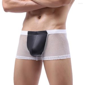 Onderbroek heren bokser shorts sexy mesh zie door pu lederen penis zak ondergoed exotisch gay slipje calzoncillo hombre boksers xxl