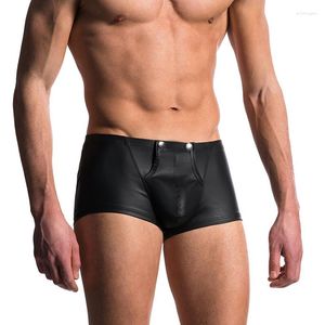 Calzoncillos Boxers para hombre Sexy botón frontal abierto ropa interior masculina PU cuero Homme negro hombre Boxer Shorts hombres