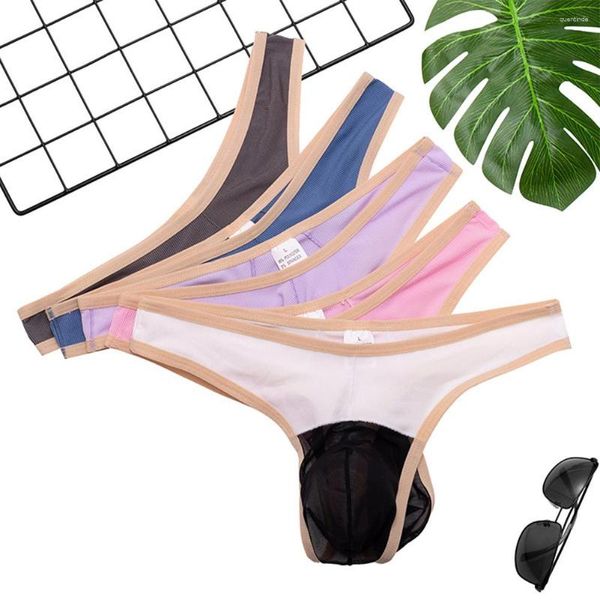 Calzoncillos para hombre bolsa convexa de malla de seda de hielo bragas de retazos G-String calzoncillos Bikini tangas jóvenes ropa interior Gay lencería masculina