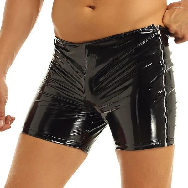 Calzoncillos para hombre erótico S-5XL PVC corto para sexo porno cremallera de látex al lado del boxeador de charol masculino sexy ropa interior inferior