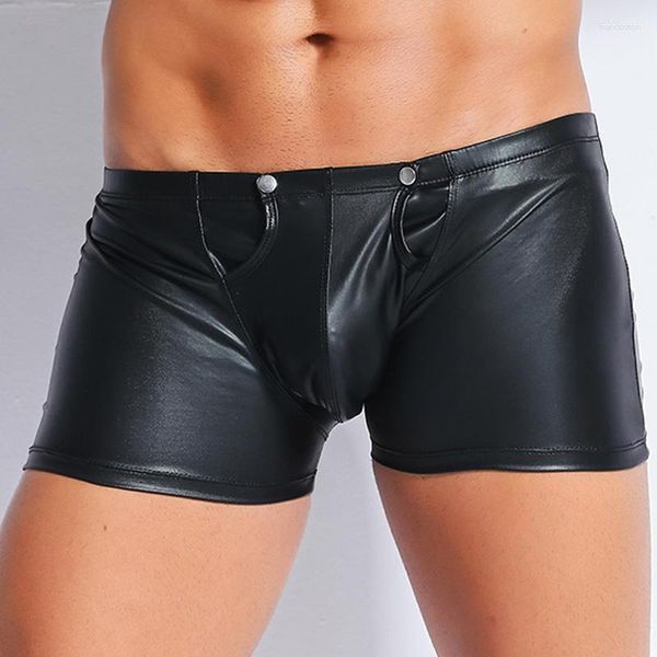 Caleçon hommes Faux cuir Boxer Shorts Wetlook Clubwear dos fermeture éclair sous-vêtements gai Boxershorts taille basse hommes Lingerie