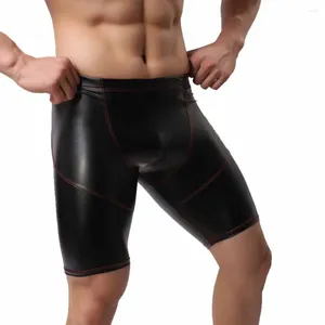 Calzoncillos para hombre ropa interior de cuero sintético cintura media pantalones negros de 5 puntos sexy delgado sólido fitness sin costuras deportes troncos lencería masculina