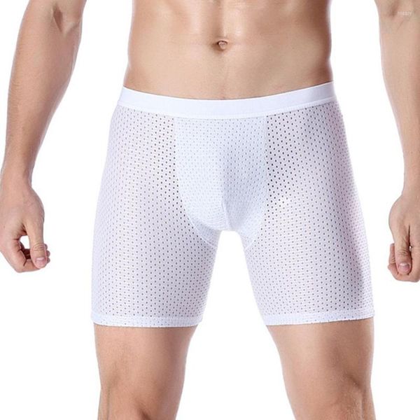 Calzoncillos para hombre de malla de seda de hielo transpirable Boxer Shorts ropa interior sexy hombre troncos deportes gimnasio pierna larga boxeadores planos U bolsa convexa