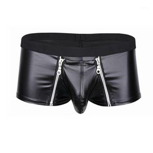 Slip Mens Lingerie Faux Sous-Vêtements En Cuir Bulge Pouch Avec Double Fermeture À Glissière Boxer Briefs Low Rise Sexy Male Panties216O