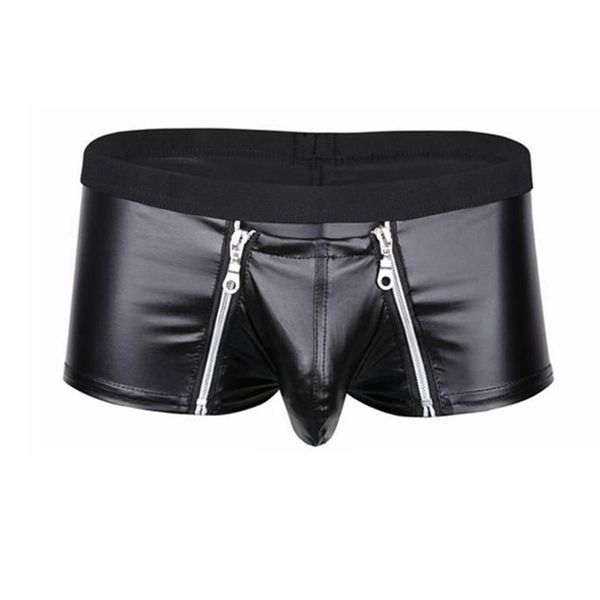 Sous-vêtements Hommes Lingerie Faux Sous-vêtements en cuir Bulge Poche avec double fermeture à glissière Boxer Briefs Low Rise Sexy Male Culottes252o