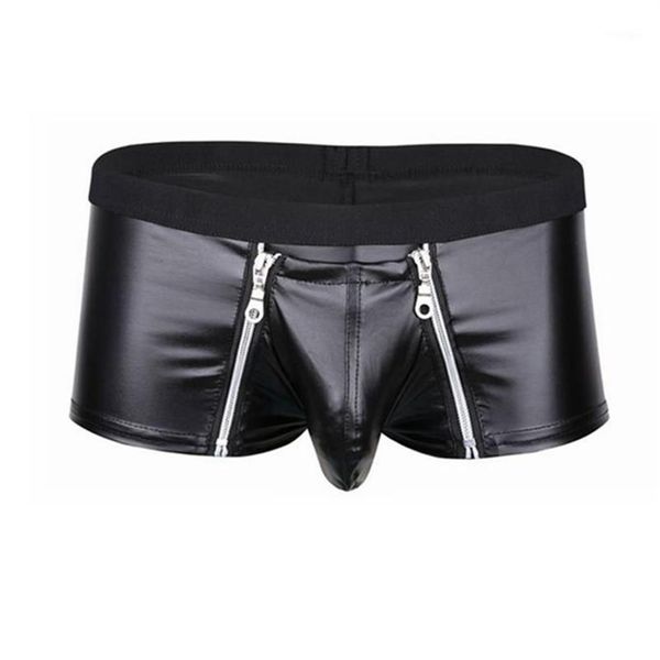 Sous-vêtements Hommes Lingerie Faux Sous-vêtements en cuir Bulge Poche avec double fermeture à glissière Boxer Briefs Low Rise Sexy Male Culottes272y