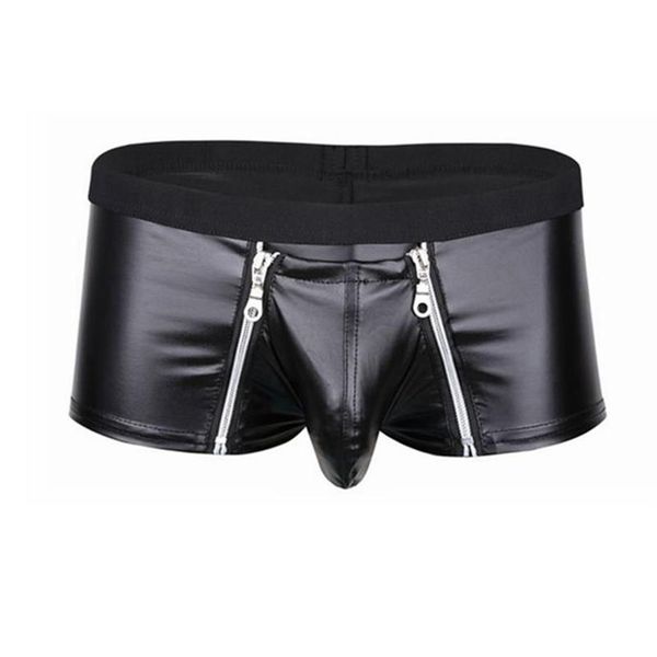 Sous-vêtements Hommes Lingerie Faux Sous-vêtements en cuir Bulge Poche avec double fermeture à glissière Boxer Briefs Low Rise Sexy Male Culottes235J