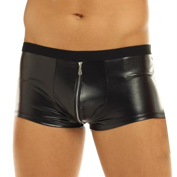 Sous-vêtements Hommes Lingerie Sous-vêtements en cuir Wet Look Zipper Bulge Poche Taille basse Boxer Briefs Shorts Sexy Tight2305