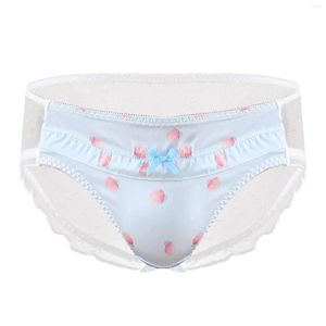 Calzoncillos para hombre, lencería Sissy Crossdress, calzoncillos de Cosplay, malla transparente, estampado de frutas de dibujos animados, bragas bonitas, ropa interior