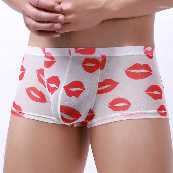 Calzoncillos para hombre Boxer de malla ropa interior sexy transparente U convexo bolsa de pene bragas masculinas estampado de seda de hielo Boxershorts de cintura baja lencería