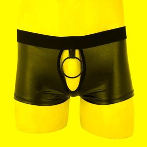 Calzoncillos Pantalones cortos con entrepierna abierta para hombre Pantalones de cuero de imitación Sexy Sissy Cut Out Calzoncillos tipo bóxer de talle bajo Ropa para discoteca Pantalones cortos de ropa interior BuLatexCalzoncillos