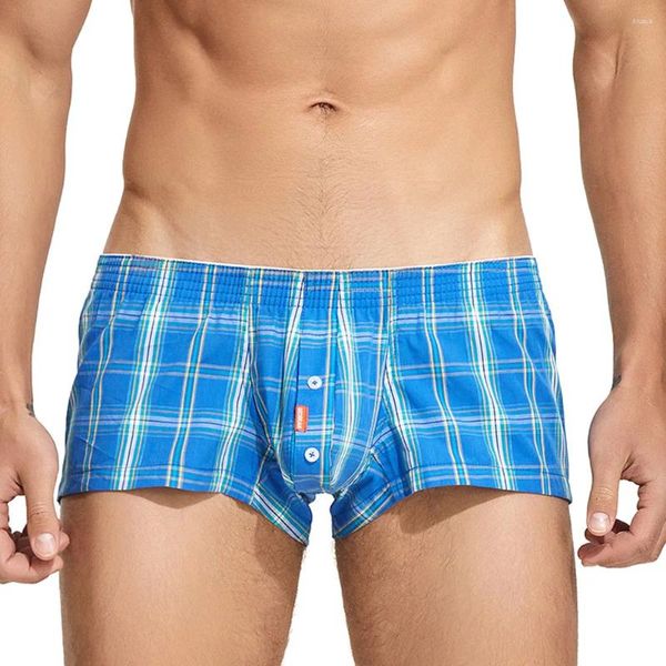 Calzoncillos Boxer informales a cuadros para hombre, ropa interior Sexy con botón abultado, pantalones cortos sueltos y cómodos, ropa de casa, bragas de tiro bajo