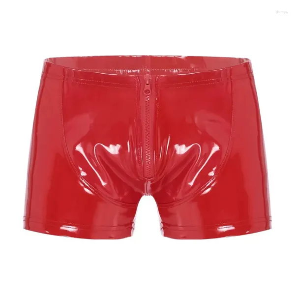 Calzoncillos para hombre ropa interior suave roja de piel sintética con cremallera bragas Boxer Sexy masculino cómodo calzoncillos de moda de alta calidad