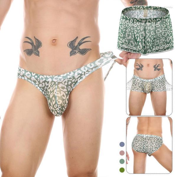 Sous-vêtements hommes slips sexy léopard poche bombée t-back shorts sous-vêtements maille voir à travers les maillots de bain lisses pour hommes