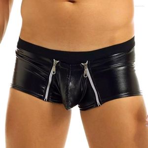 Calzoncillos para hombre lencería de cuero sexy doble cremallera entrepierna abierta pantalones cortos para sexo látex fetiche boxeador ropa interior bulto bolsa sexi