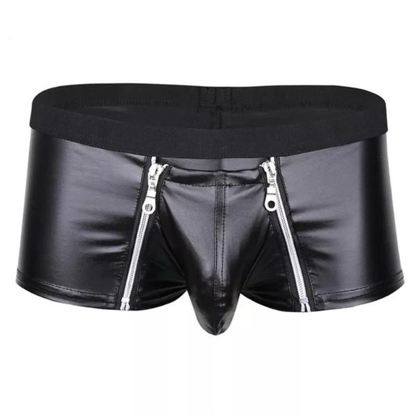 Sous-vêtements Hommes Sexy Lingerie En Cuir Ouvert Entrejambe Pantalon Court Pour Sexe Bulge Poche Sexi Doux Latex Fétiche Boxer Crotchless Underwea267Z