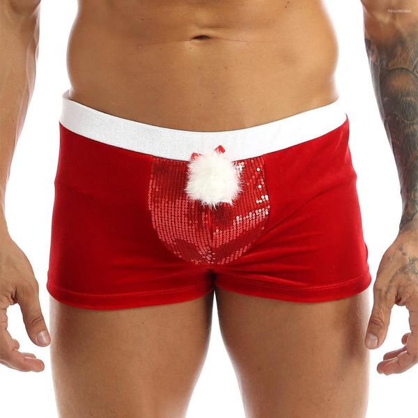 Calzoncillos para hombre Lencería sexy Terciopelo Navidad Holiday Boxer Shorts Low Rise Cintura elástica Ropa interior Brillante Lentejuelas Bulge Bolsa Calzoncillos