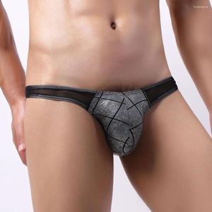 Onderbroek Heren Sexy Mesh Patchwork Leer Elastische G-String Slips Thong Bikini Ondergoed Zakje Ardennen Slipje Mannen T-Back