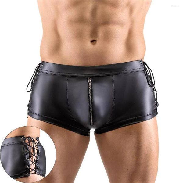 Caleçons hommes Sexy sous-vêtements Latex Wetlook pantalons serrés en cuir à lacets fermeture éclair Boxer Shorts hommes discothèque PU danse Clubwear