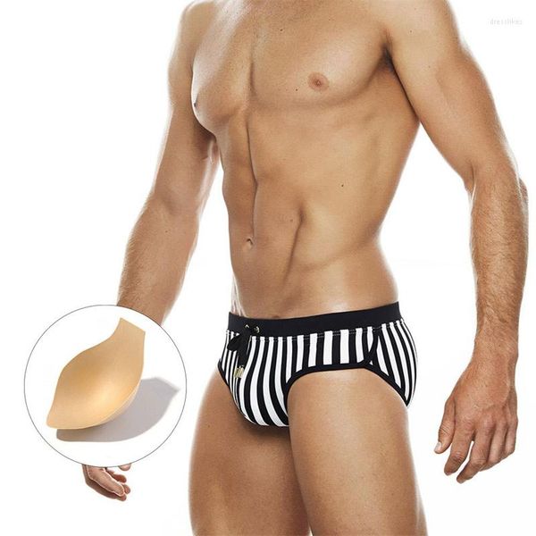 Slip hommes Sexy sous-vêtements Push Up Pad rayures imprimer maillots de bain hommes slips respirant été plage Gay Bikini maillot de bain